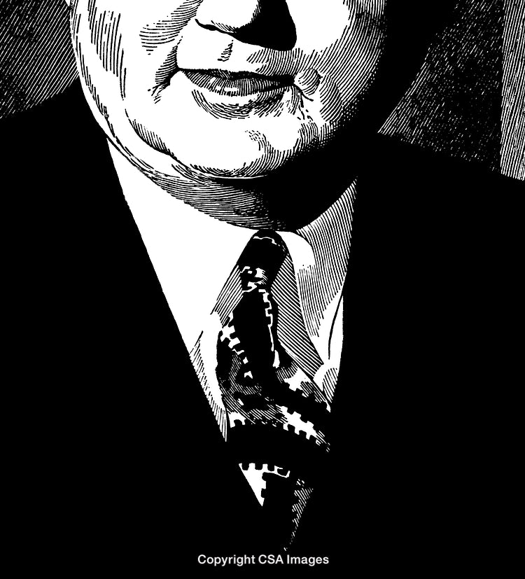 Detailed Engraving of Businessman in Black and White Illustration Style