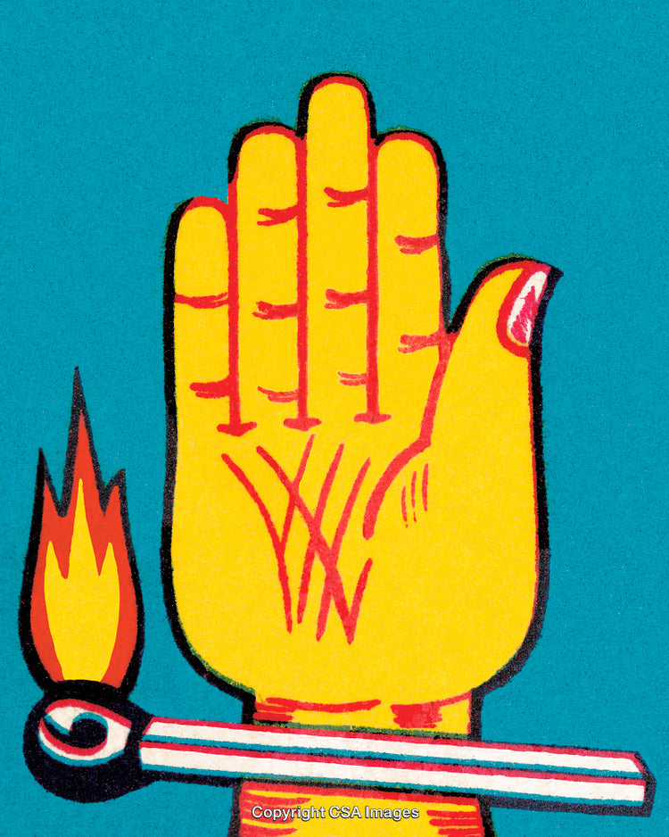 Vibrant Illustration of a Palmistry Hand and a Burning Matchstick