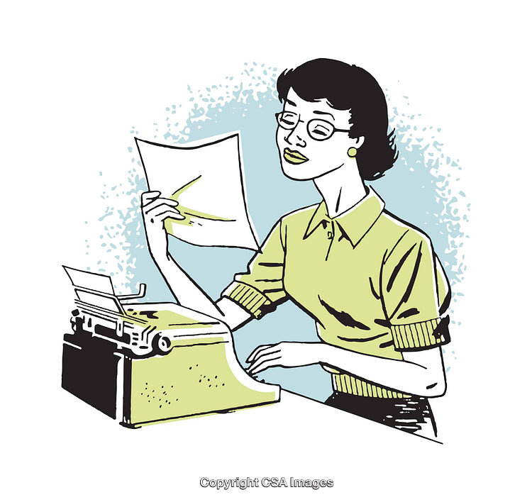 Retro Style Illustration of a Woman Typing on a Typewriter