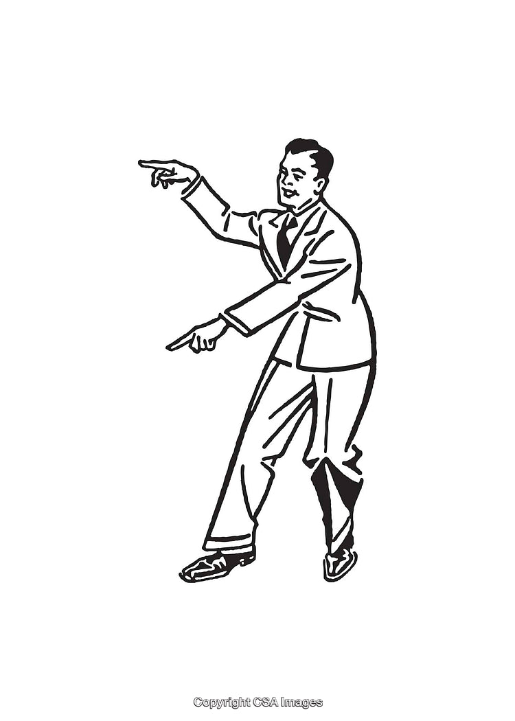 Vintage Black and White Illustration of a Man Pointing Forward and Downward