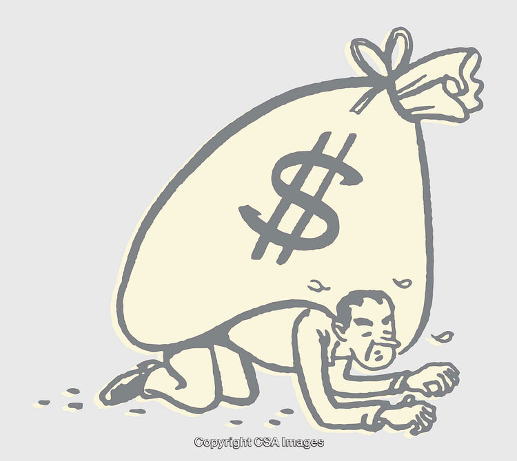 Illustration of a Man Carrying a Large Dollar-Sign Bag on Back