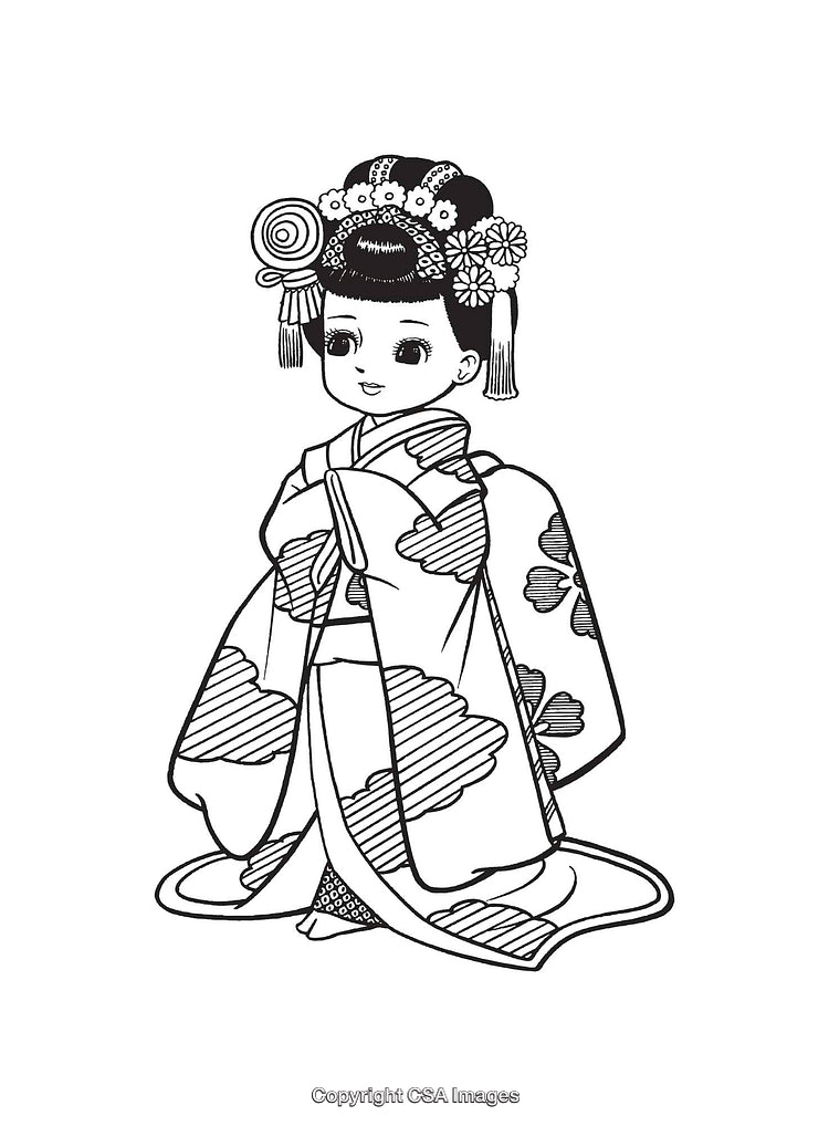 Traditional Girl Wearing Kimono in Black And White Line Art