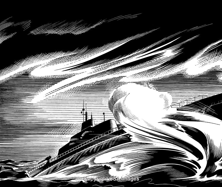 Monochrome Engraving of Stormy Ocean with a Submerging Submarine