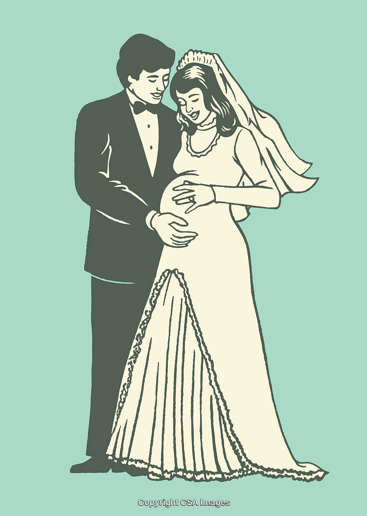 Bride and Groom Holding Hands Embracing Their Future Family in Line Art