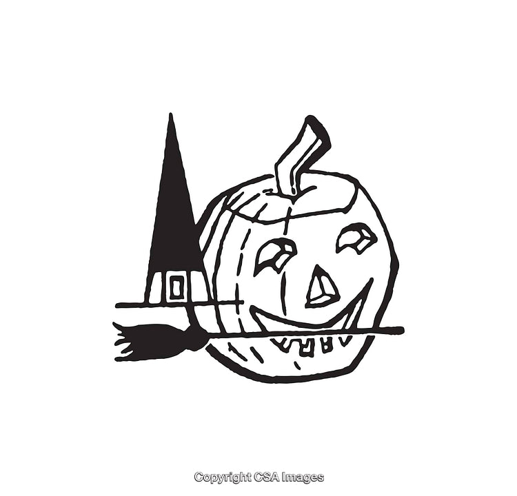 Black and White Illustration of a Halloween Pumpkin With Witch Hat