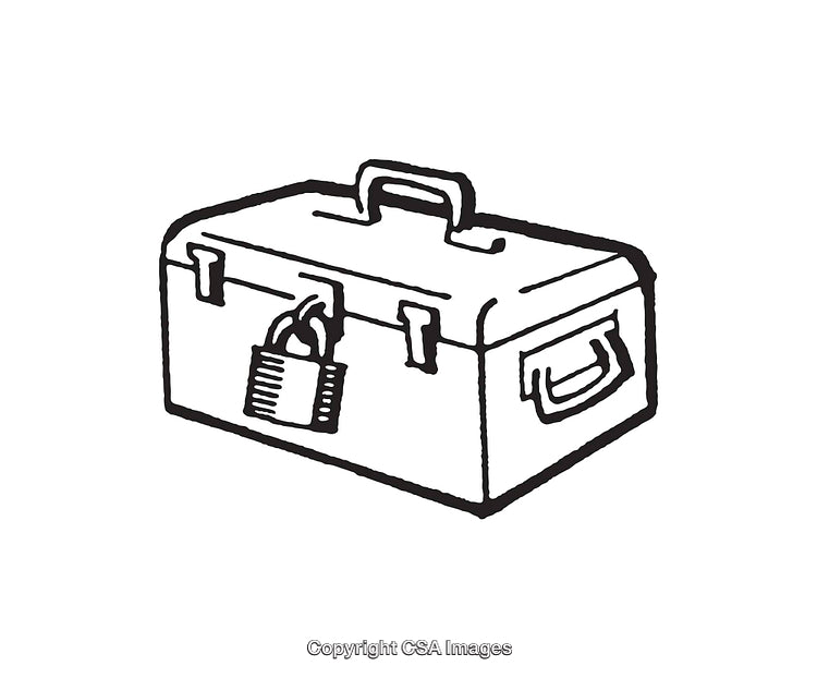 Black and White Line Art of a Secured Toolbox with a Lock