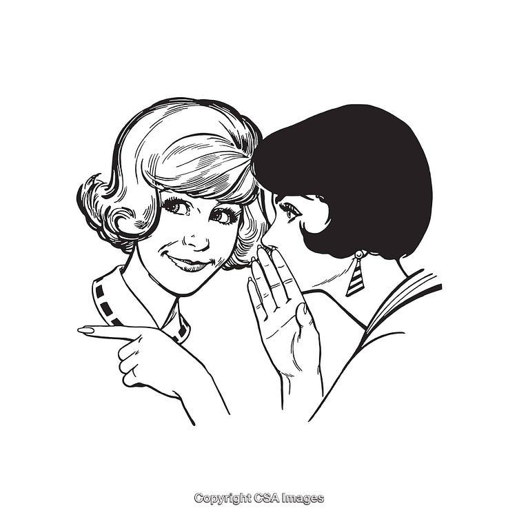 Vintage Line Art Illustration of Two Women Sharing a Secret