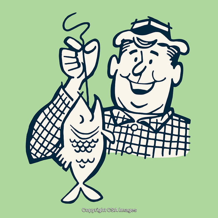 Retro Line Art of Happy Fisherman Holding a Caught Fish
