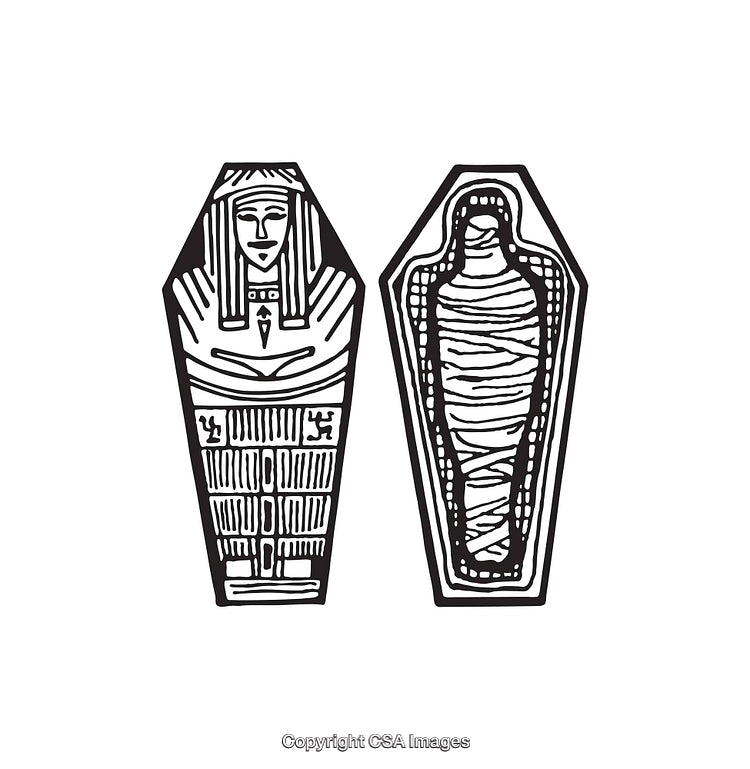 Black and White Line Art of Sarcophagus and Mummy