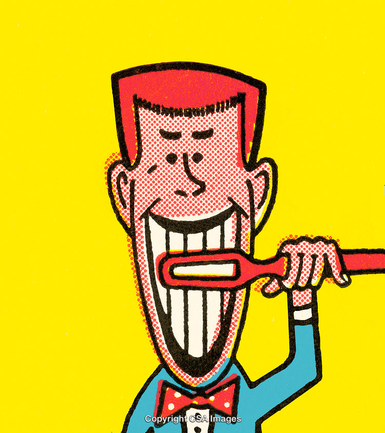 Retro_style Illustration of Smiling Character Brushing Teeth on Yellow Background