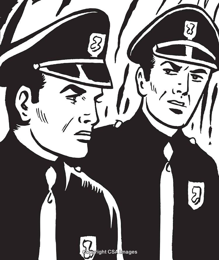 Black and White Drawing of Policemen in Formal Uniform