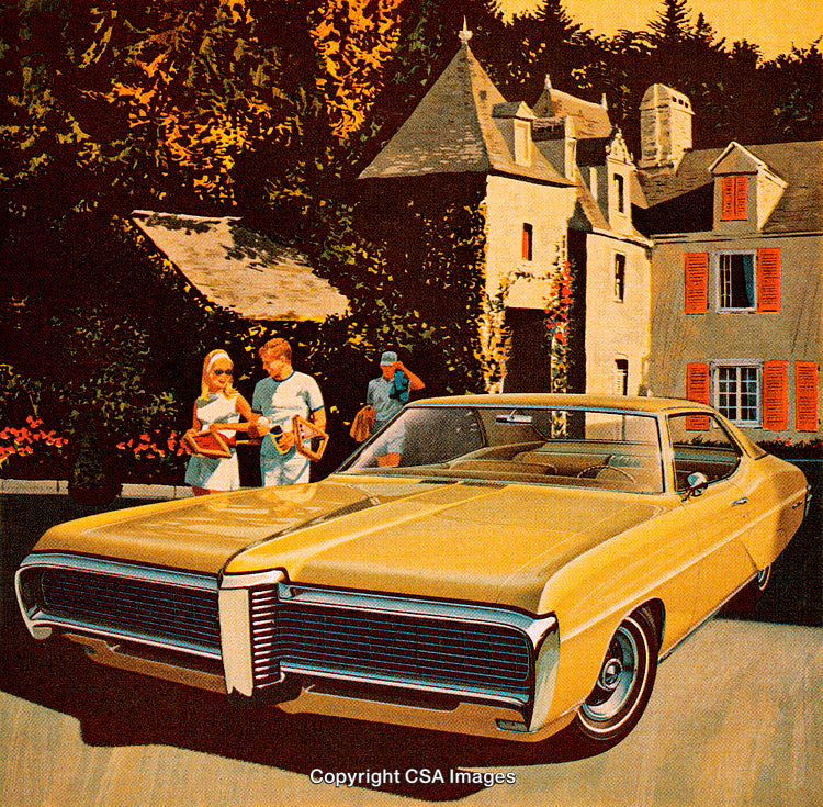 Vintage Car Parked by French Chateau in a Scenic Relaxing Countryside Setting