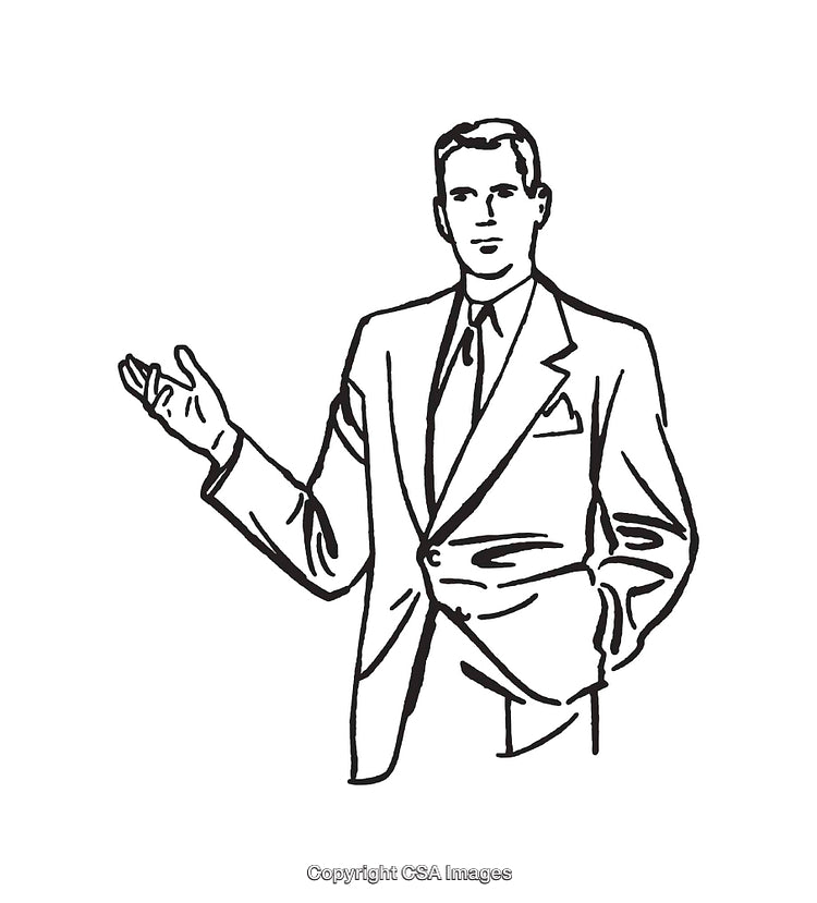 Black And White Line Art Illustration of Confident Businessman in Suit
