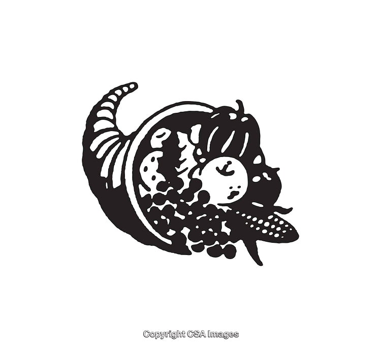 Black and White Line Art of Harvest Cornucopia with Seasonal Fruits and Vegetables