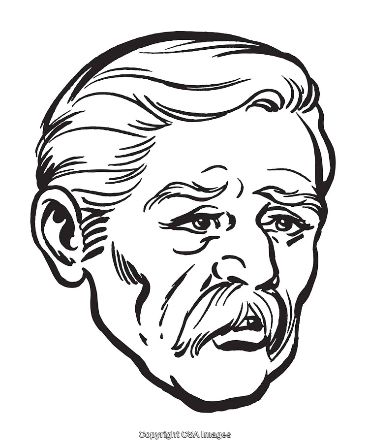 Vintage Illustration of a Thoughtful Elderly Man with Mustache and Concerned Expression