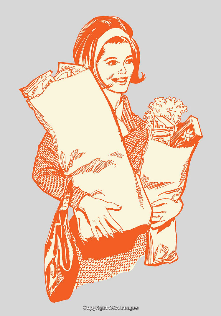 Vintage Line Art Illustration of Woman Carrying Grocery Bags