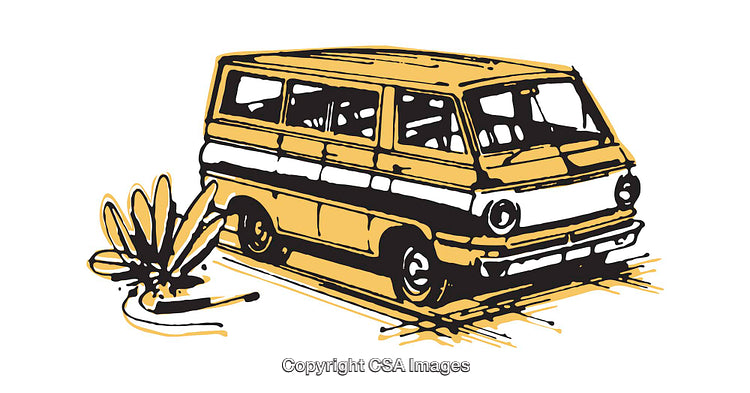 Detailed Illustration of a Vintage Minivan with Rugged Outdoor Elements