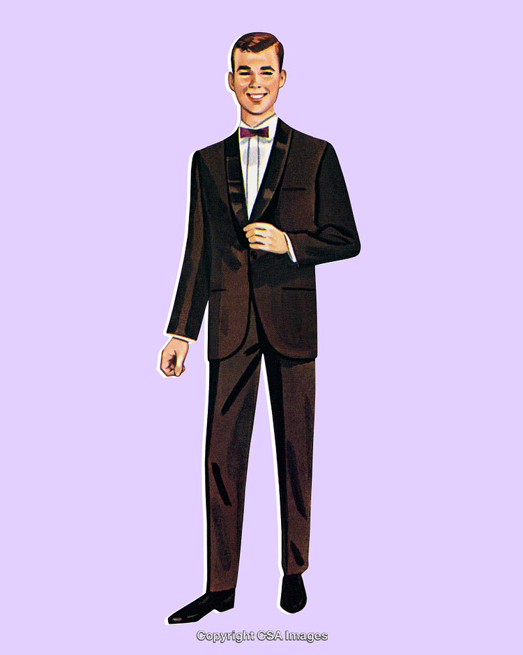 Vintage Illustration of a Smiling Man Dressed in Formal Suit and Bow Tie