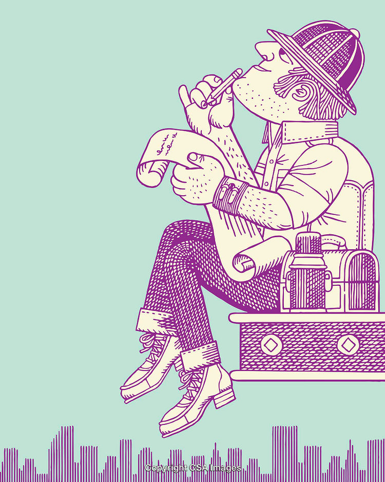 Illustrated Explorer Thinking While Writing Notes on a Scroll