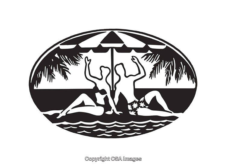 Black and White Beach Illustration with Relaxing Figures Under an Umbrella