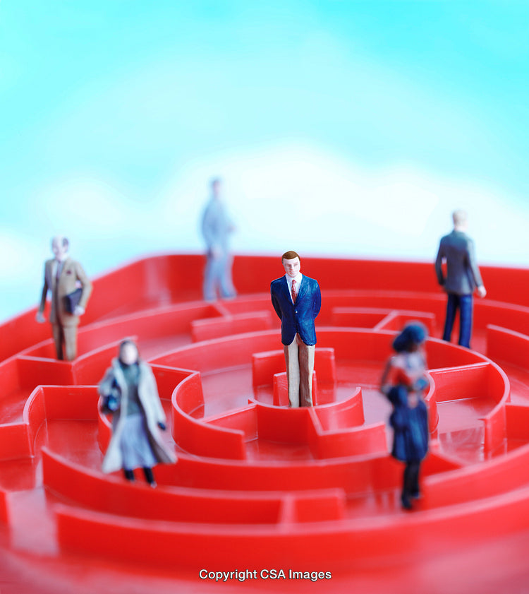 Business Figures Navigating Maze Symbolizing Challenges and Problem Solving