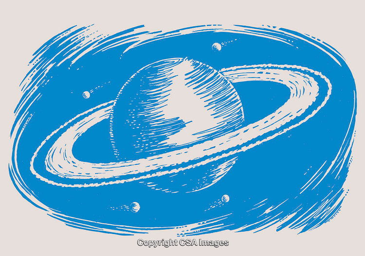 Blue Line Art Illustration of a Ringed Planet and Moons in Space