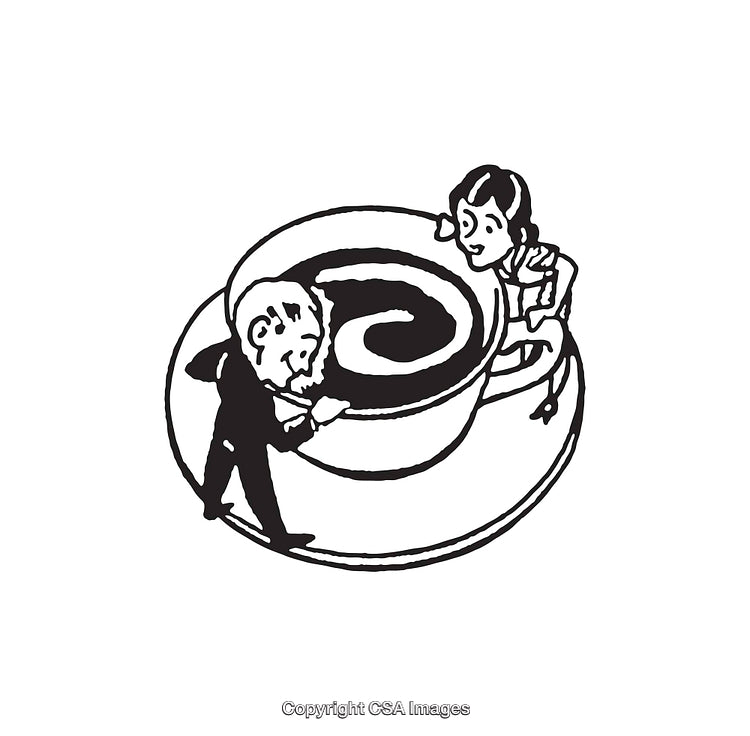 Whimsical Line Art Of People Interacting With Giant Coffee Cup