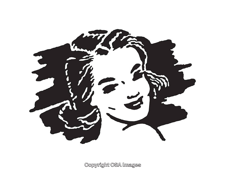Retro Black And White Line Art Illustration of a Smiling Woman