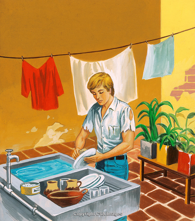 Man Washing Dishes Outdoors by Sink Surrounded by Plants and Laundry