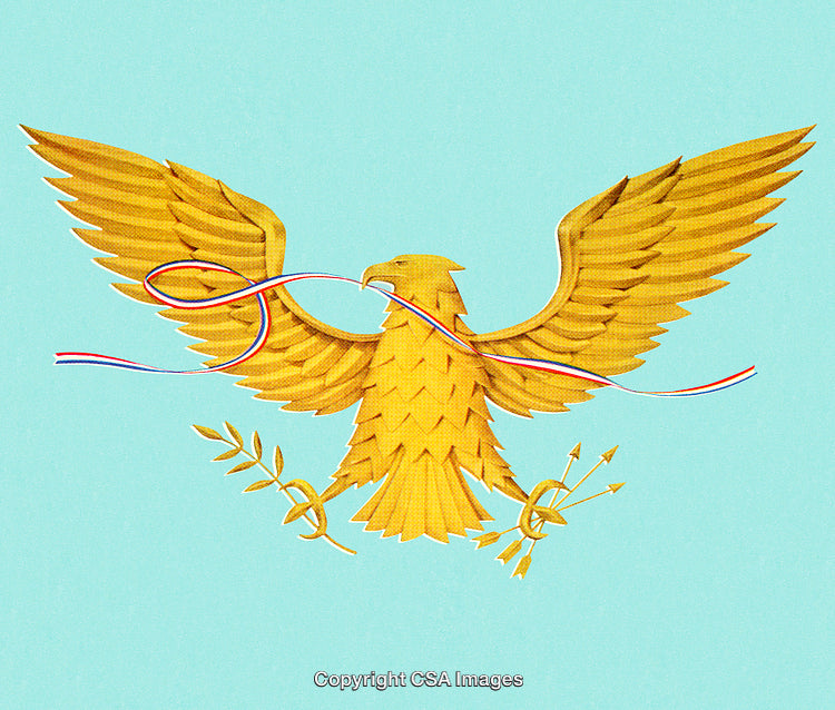 Golden Eagle Holding Ribbons with Arrows on Blue Abstract Background