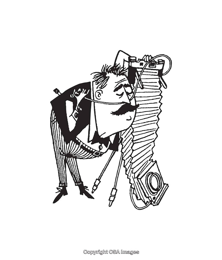Vintage Line Art of a Photographer Using a Large Camera on Tripod