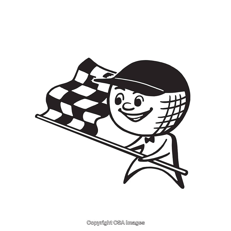 Cartoon Character Waving a Checkered Flag in Black and White Line Art