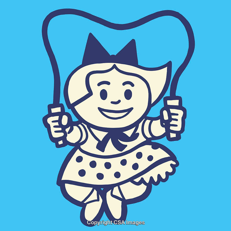 Classic Line Art Illustration of a Child Jumping Rope on Blue Background