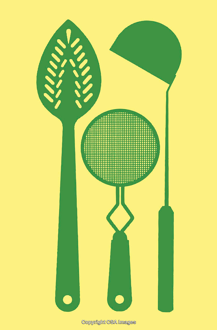 Kitchen Utensils Silhouette Green on Yellow Background