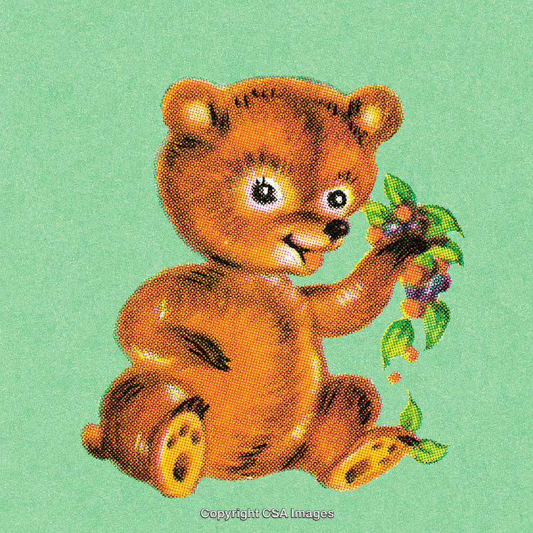 Illustration of a Playful Bear Holding a Bunch of Colorful Fruits on Green