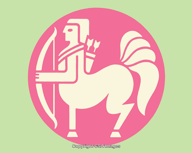 Line Art Illustration of a Sagittarius Zodiac Centaur in Green and Pink