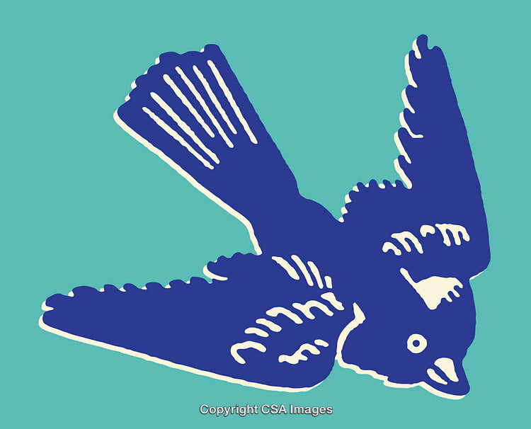 Illustrated Blue Bird in Flight with Bold Color Contrast