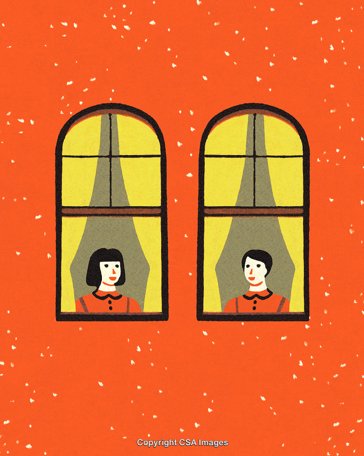Illustration of Two Women in Windows with Yellow Curtains on Orange Background