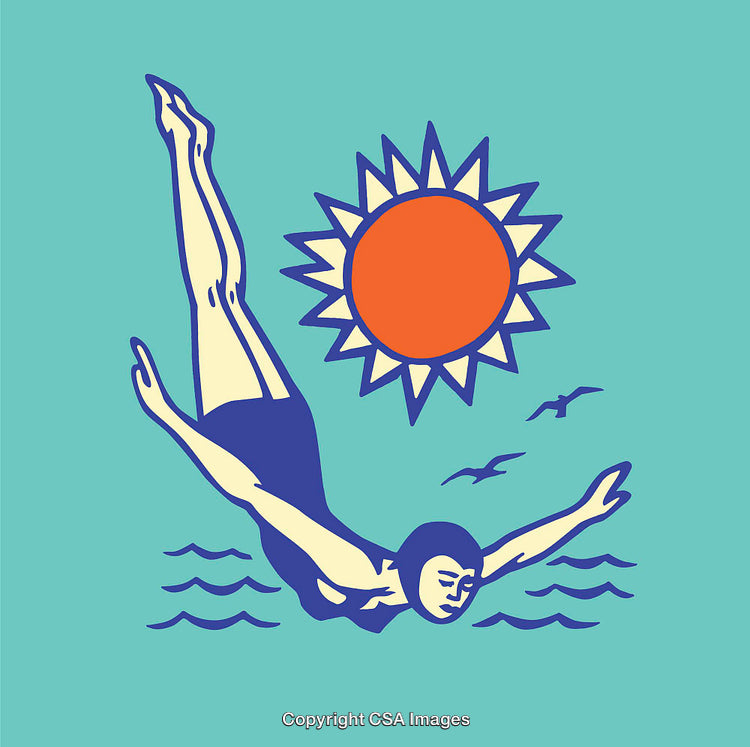 Retro Illustration of a Diver Leaping Over Waves with Bright Sun
