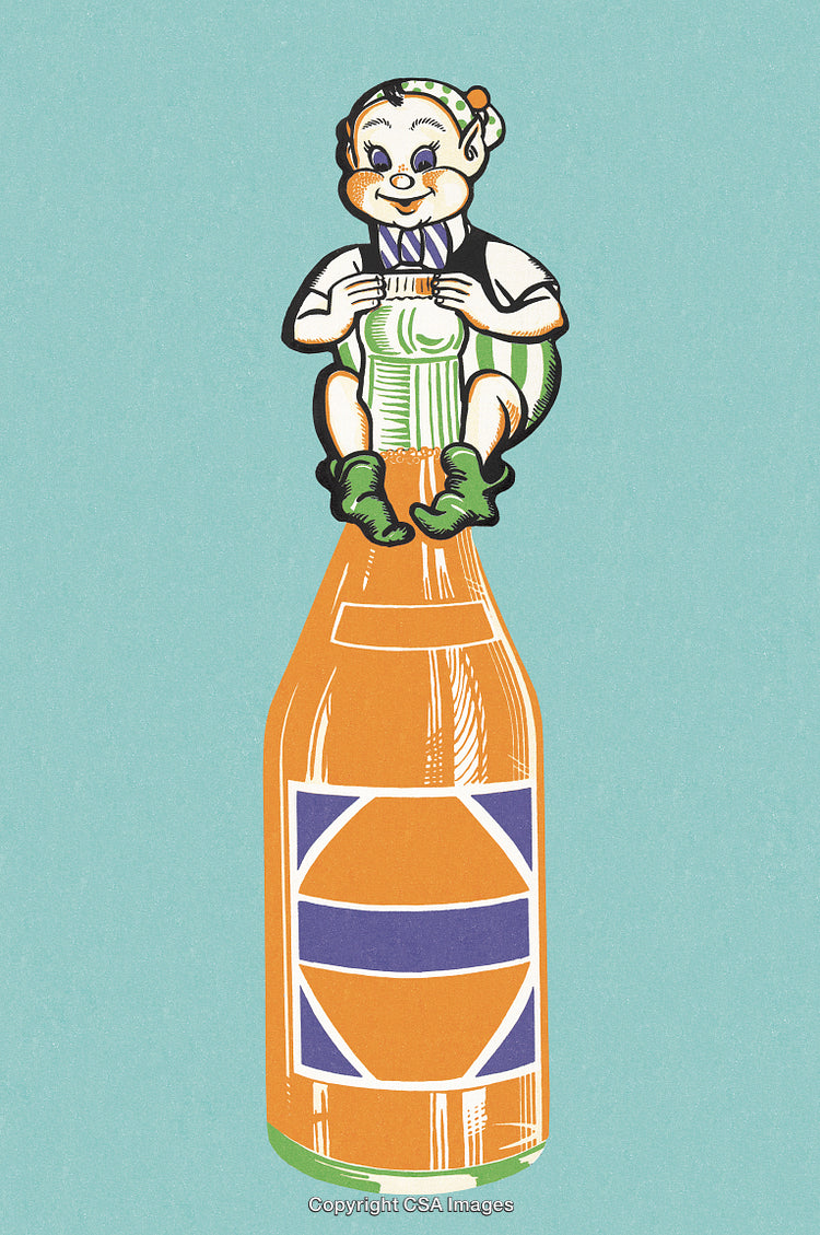 Vintage Artwork of a Smiling Character atop a Soda Bottle Illustration
