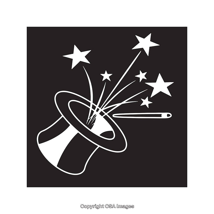 Black and White Magic-Themed Illustration with Stars and Wand