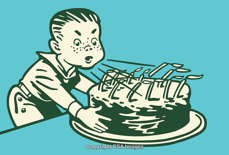 Vintage Style Illustration of Child Blowing Candles on a Birthday Cake
