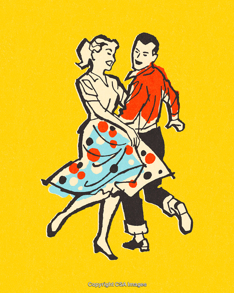 Retro Style Dancing Couple in Vibrant Colors on Yellow Background