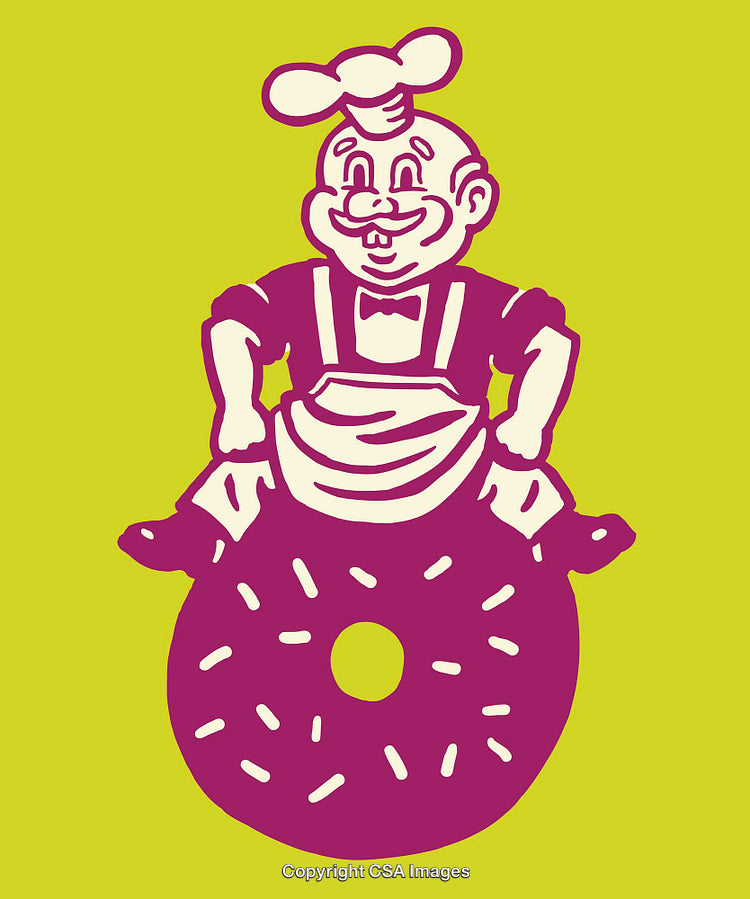 Cheerful Cartoon Chef Riding a Sprinkle Donut in Bright Colors