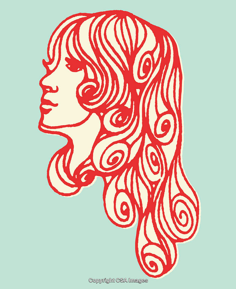 Retro Red Line Art Profile of Woman With Curly Hair in Abstract Design