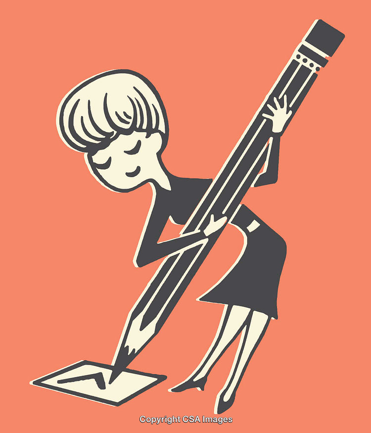 Vintage Illustration of Woman with Oversized Pencil on Colored Background