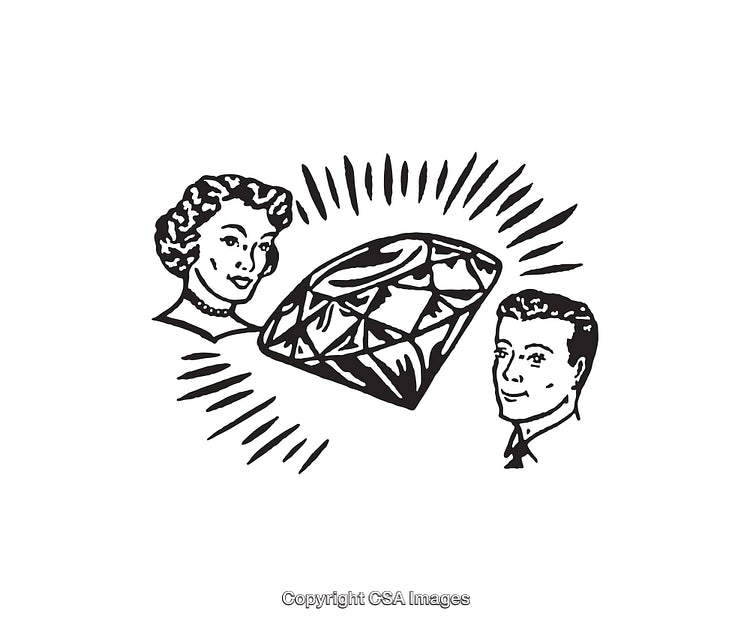 Retro Black and White Illustration of People with a Large Diamond