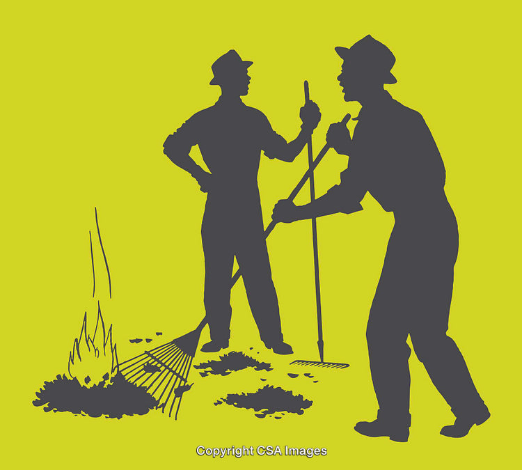 Two Individuals Raking and Burning Debris in Silhouette Art Style