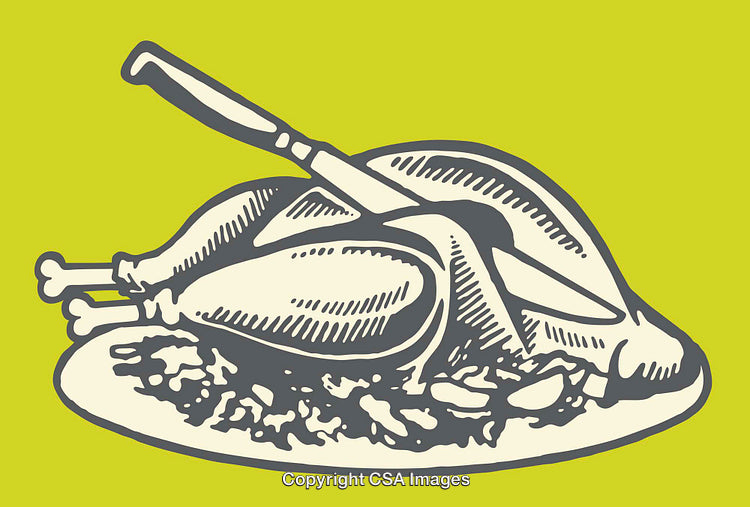 Illustration of Roast Turkey on a Platter with Knife on Green Background