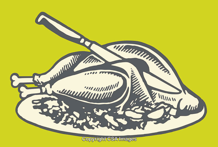 Illustration of Roast Turkey on a Platter with Knife on Green Background